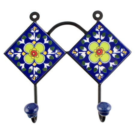 Navy Blue Floral Ceramic Tile Hook